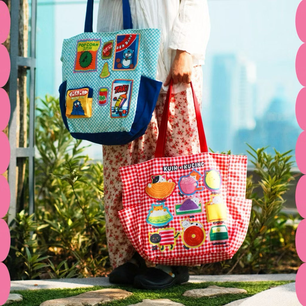SAFIY Kuih + Kucing Red Large Tote Bag