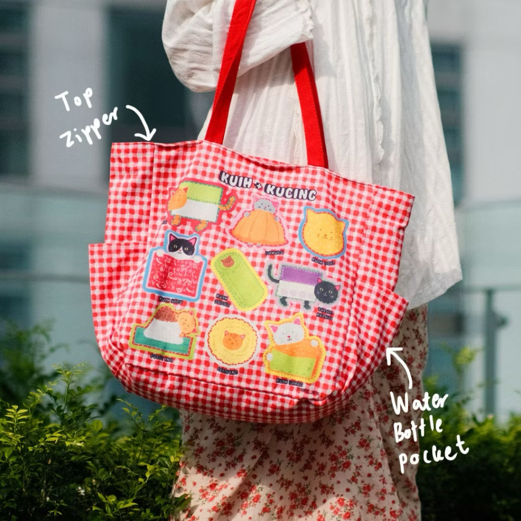 SAFIY Kuih + Kucing Red Large Tote Bag
