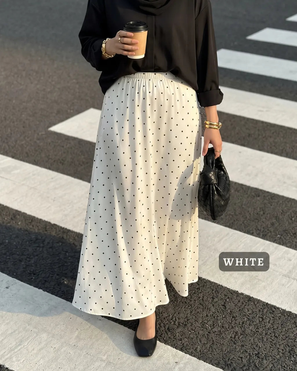 HW Emy Polka Dot Flowy Satin Flared Long A-cutting Skirt