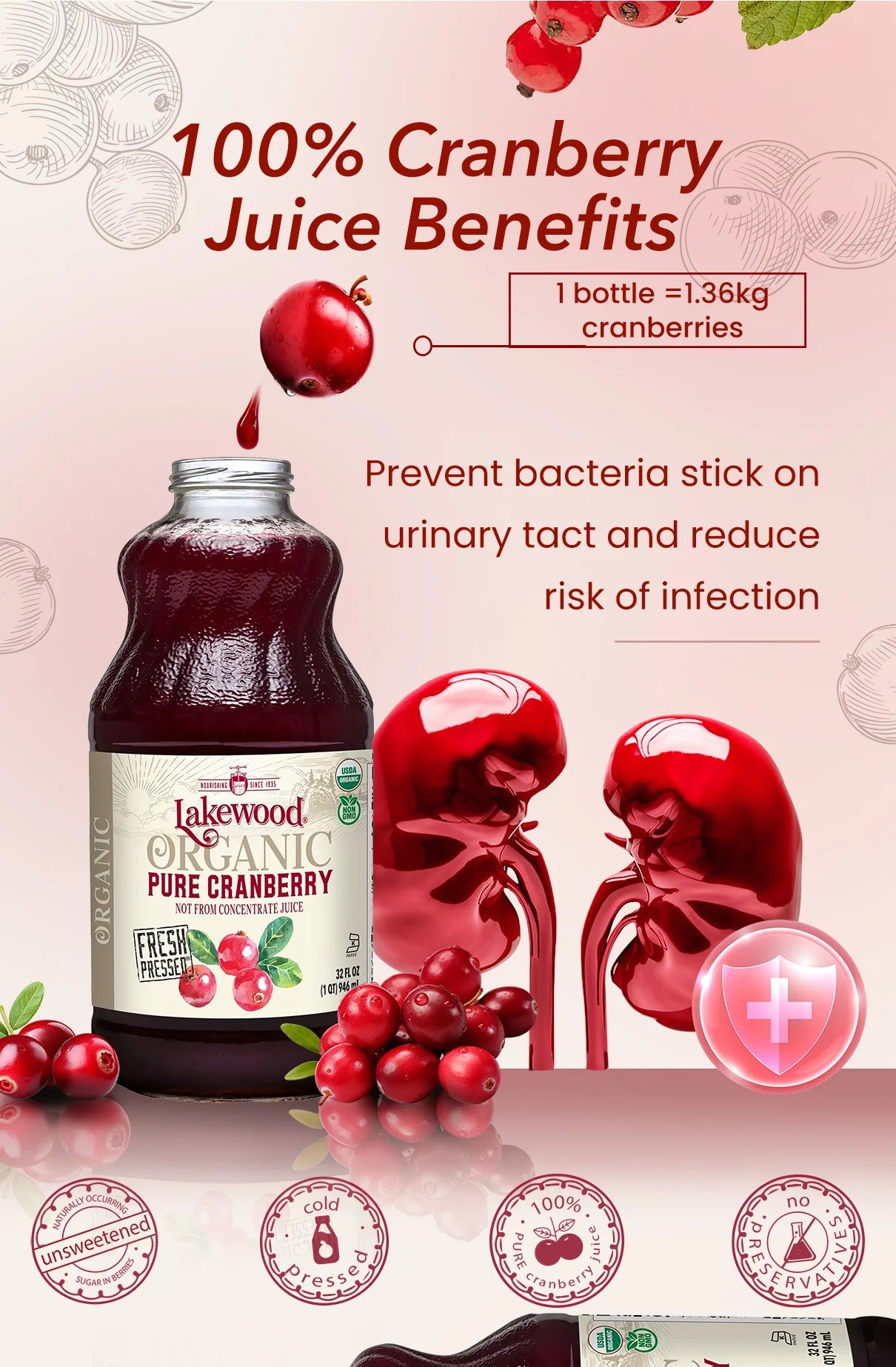 Lakewood Organic Pure Cranberry Juice 946ml