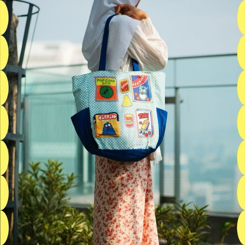 SAFIY Snek Kegemaran Blue Checkered Large Canvas Tote Bag