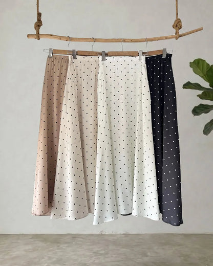 HW Emy Polka Dot Flowy Satin Flared Long A-cutting Skirt