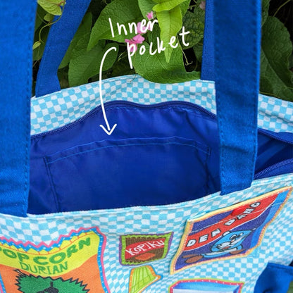 SAFIY Snek Kegemaran Blue Checkered Large Canvas Tote Bag