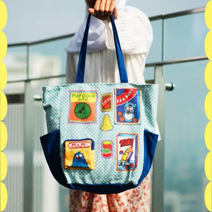 SAFIY Snek Kegemaran Blue Checkered Large Canvas Tote Bag