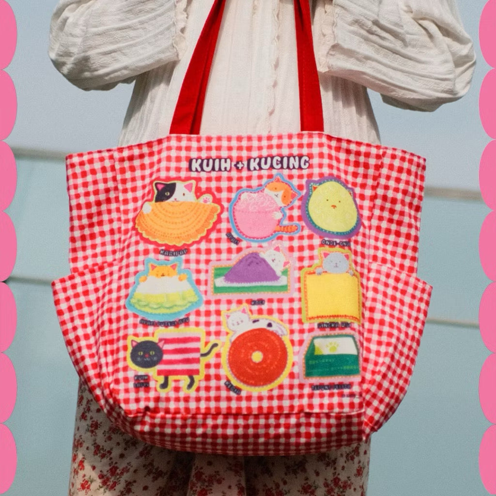 SAFIY Kuih + Kucing Red Large Tote Bag
