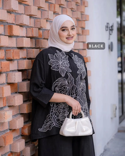 HW Lily Embroidery Velvet Blouse With Palazzo Skirt