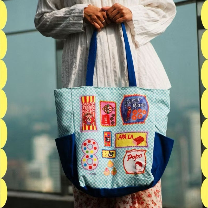 SAFIY Snek Kegemaran Blue Checkered Large Canvas Tote Bag
