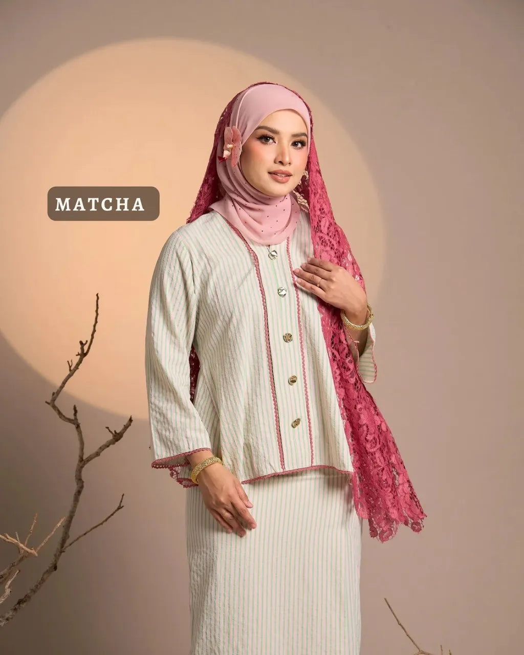 HW [MATCHA STRAWBERRY] Nawal Stripe Kebaya Peplum With Embroidery