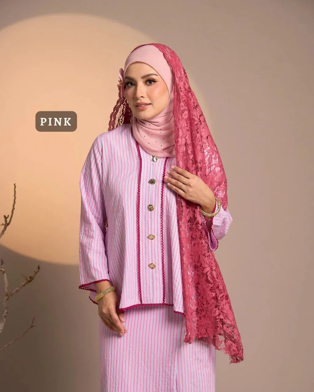 HW [MATCHA STRAWBERRY] Nawal Stripe Kebaya Peplum With Embroidery