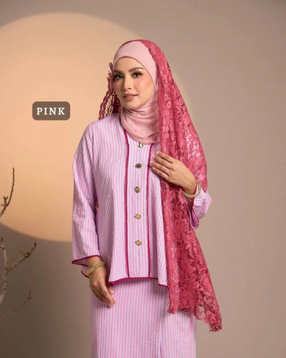 HW [MATCHA STRAWBERRY] Nawal Stripe Kebaya Peplum With Embroidery