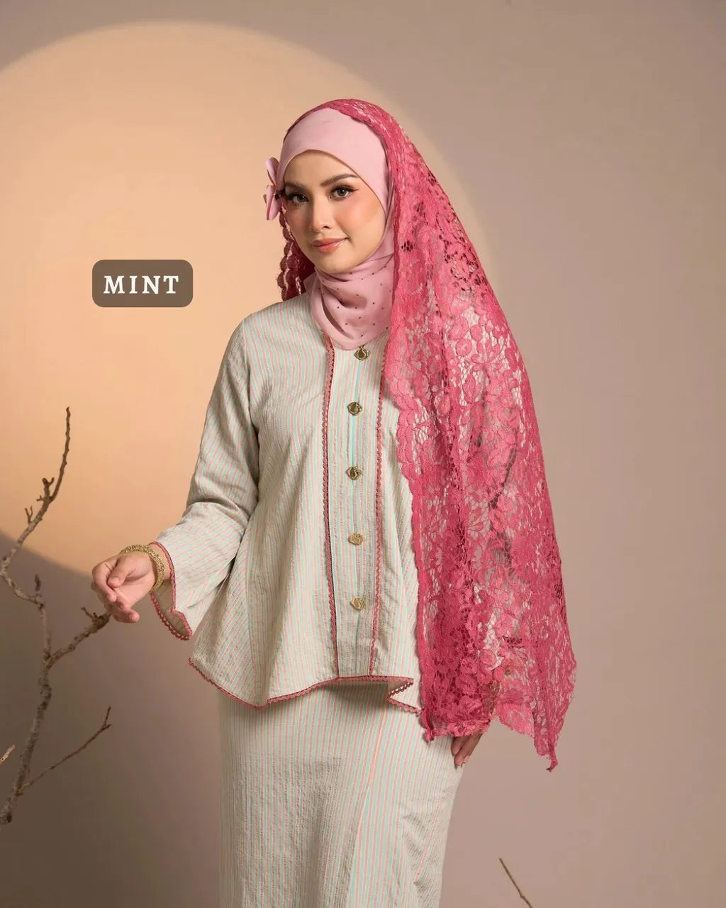 HW [MATCHA STRAWBERRY] Nawal Stripe Kebaya Peplum With Embroidery