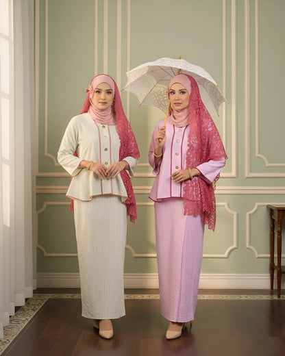 HW [MATCHA STRAWBERRY] Nawal Stripe Kebaya Peplum With Embroidery