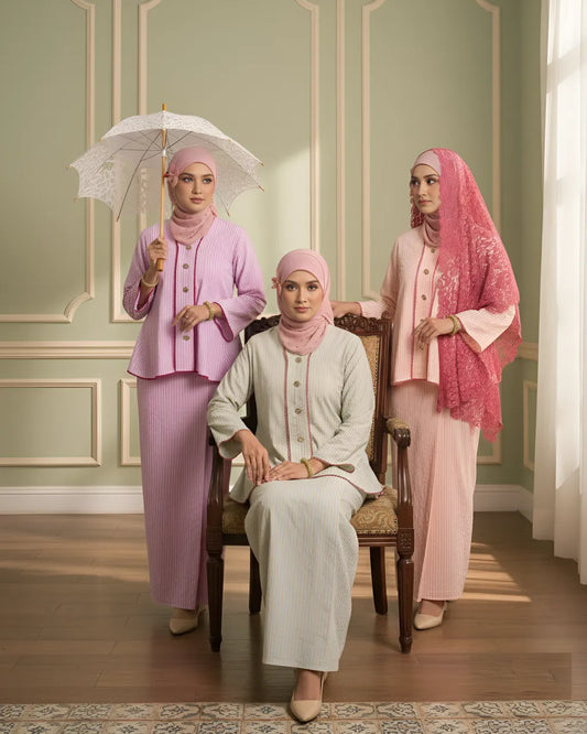 HW [MATCHA STRAWBERRY] Nawal Stripe Kebaya Peplum With Embroidery