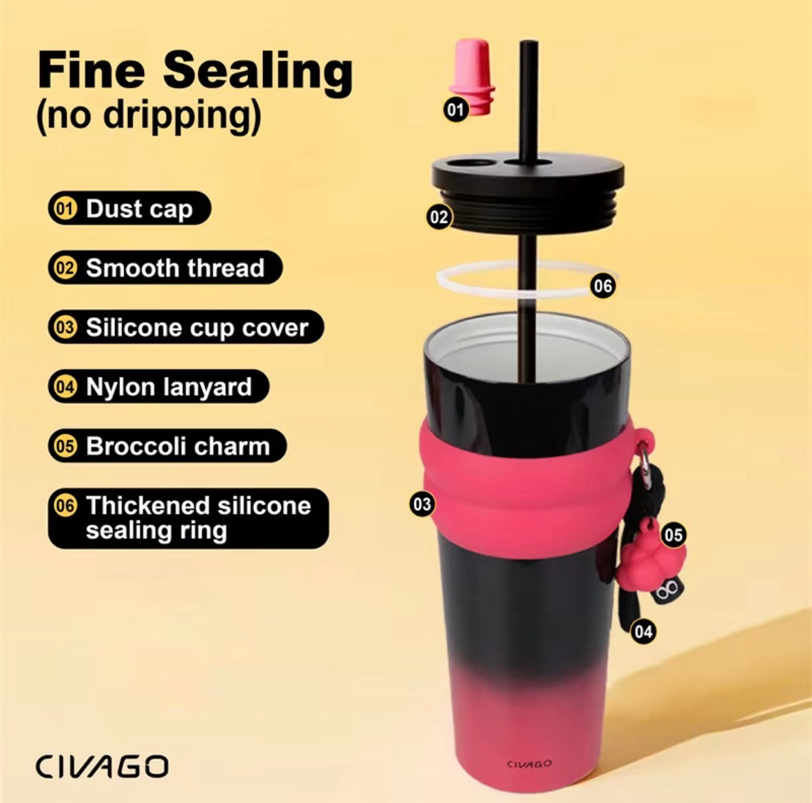 CVG Ceramic Liner Stainless Steel Coffee Mug with Lid Straw (260oz/780ml)