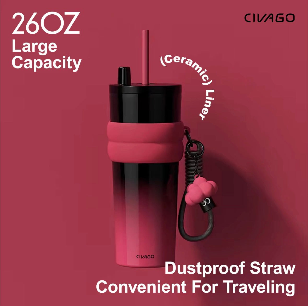 CVG Ceramic Liner Stainless Steel Coffee Mug with Lid Straw (260oz/780ml)