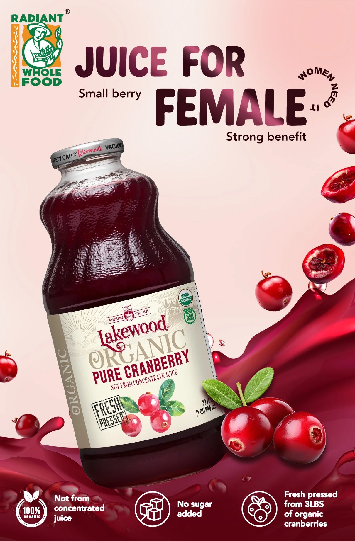 Lakewood Organic Pure Cranberry Juice 946ml