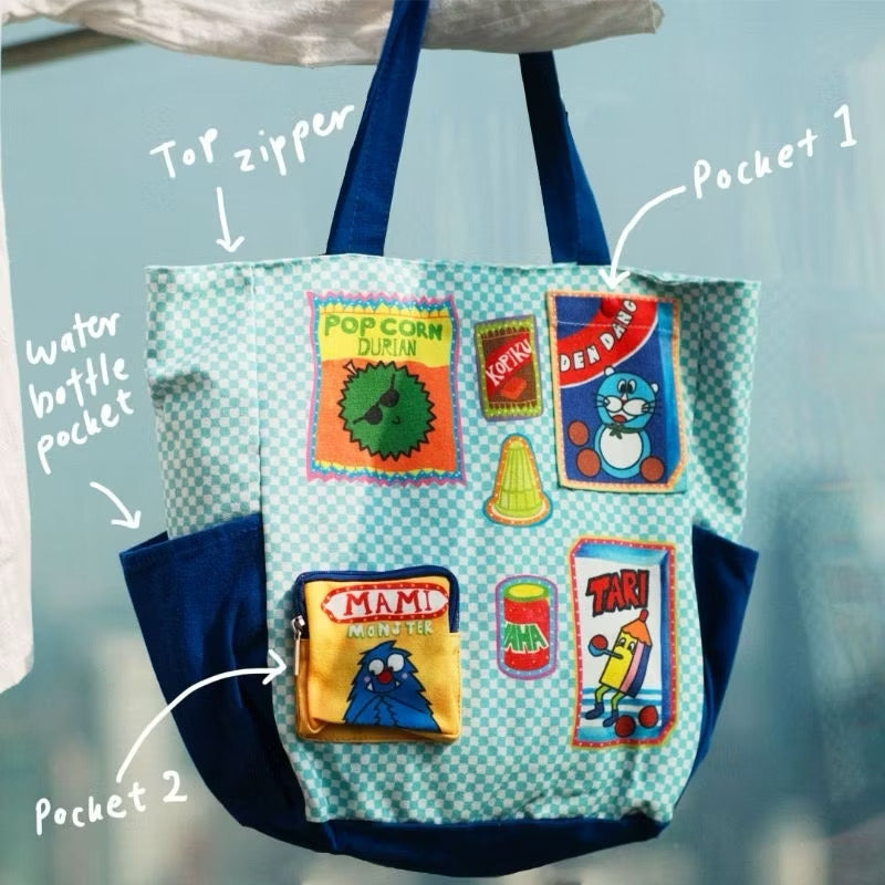SAFIY Snek Kegemaran Blue Checkered Large Canvas Tote Bag