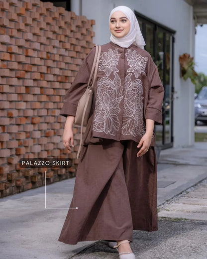 HW Lily Embroidery Velvet Blouse With Palazzo Skirt