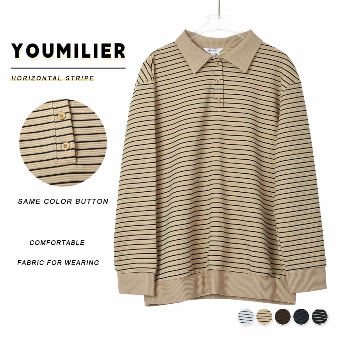 YM Brit Striped Ribbed Polo Shirt - Free Size/Plus Size