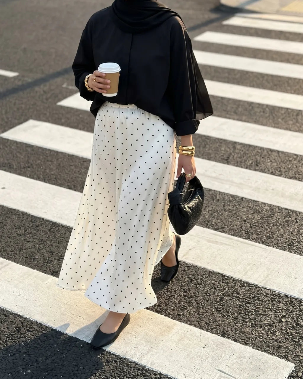 HW Emy Polka Dot Flowy Satin Flared Long A-cutting Skirt