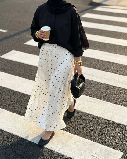 HW Emy Polka Dot Flowy Satin Flared Long A-cutting Skirt